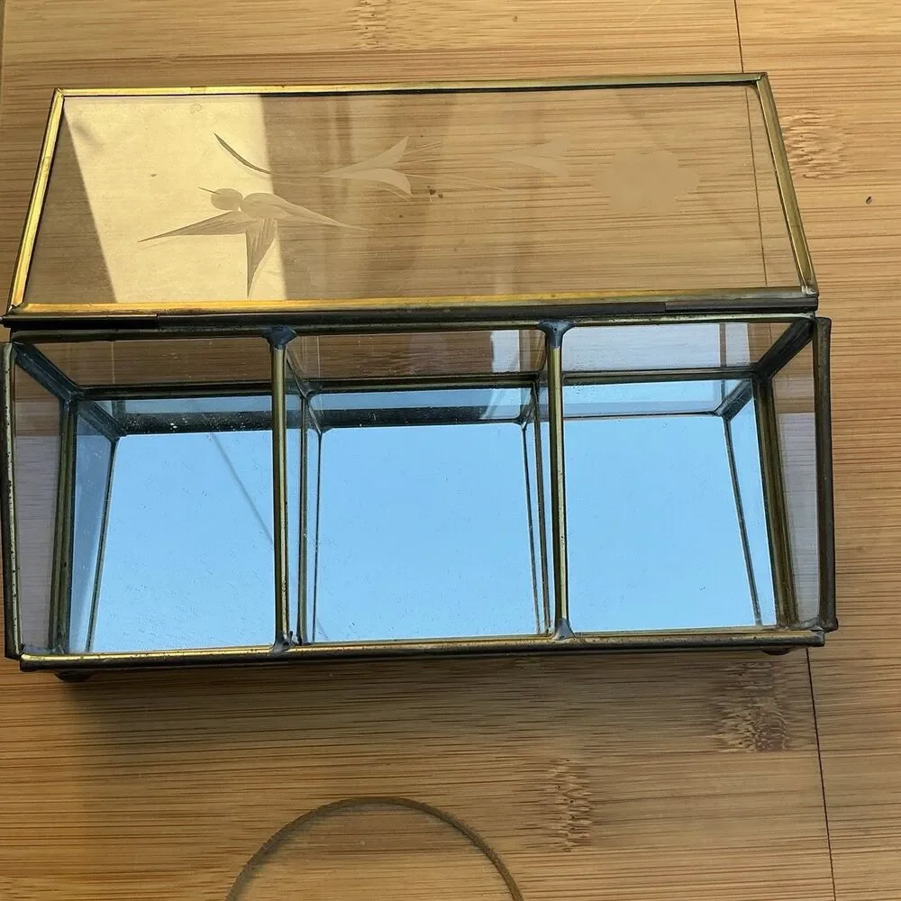 Vintage Brass Glass Jewelry Trinket Box Etched Bird Floral 3 Compartments 6”